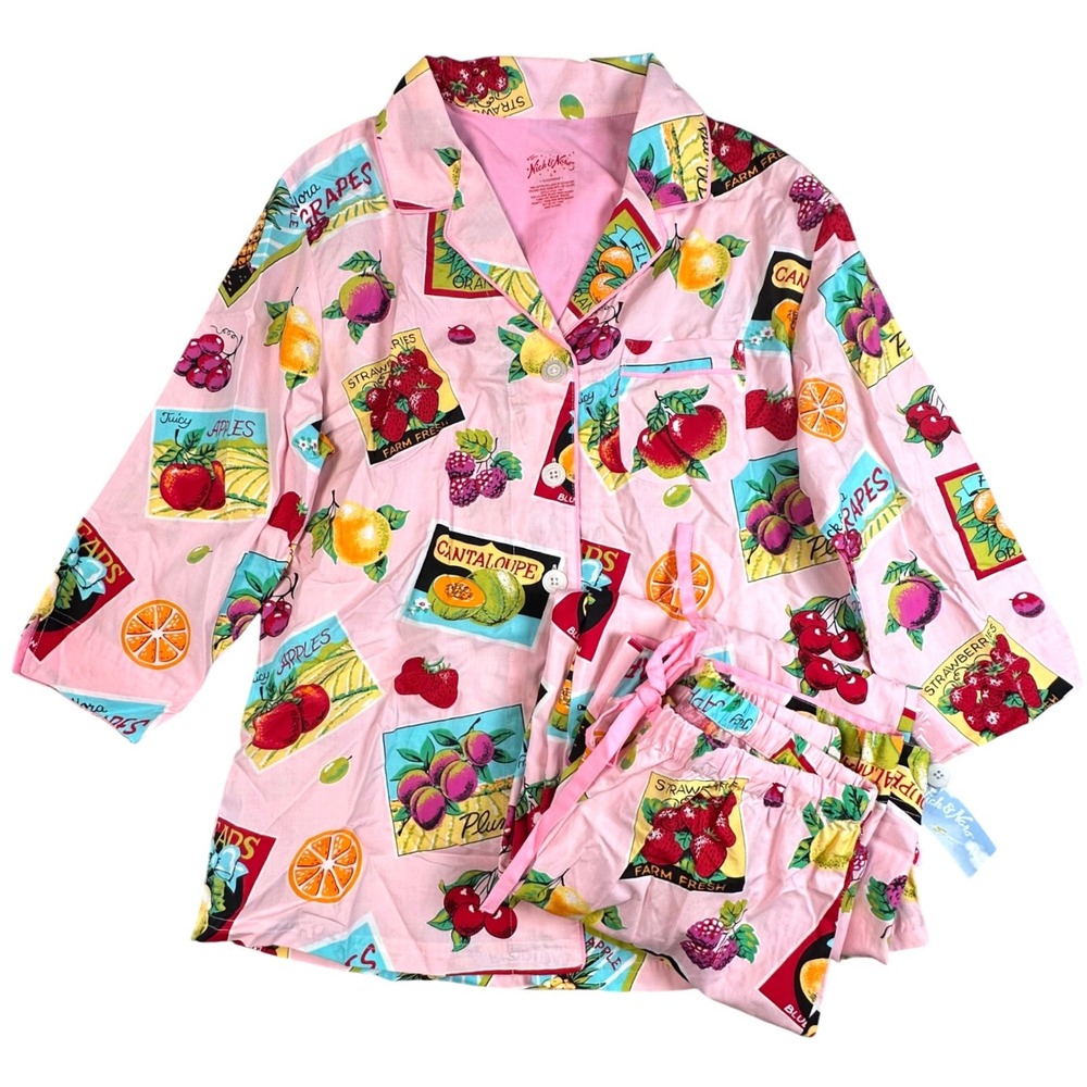 NWT Nick & Nora Fruit Stand Pajama Set Womens S Pink Cotton Vintage Kitsch Y2K